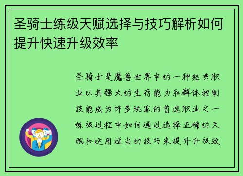 圣骑士练级天赋选择与技巧解析如何提升快速升级效率 圣骑士练级天赋选择与技巧解析如何提升快速升级效率