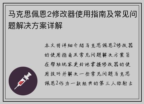 马克思佩恩2修改器使用指南及常见问题解决方案详解 马克思佩恩2修改器使用指南及常见问题解决方案详解